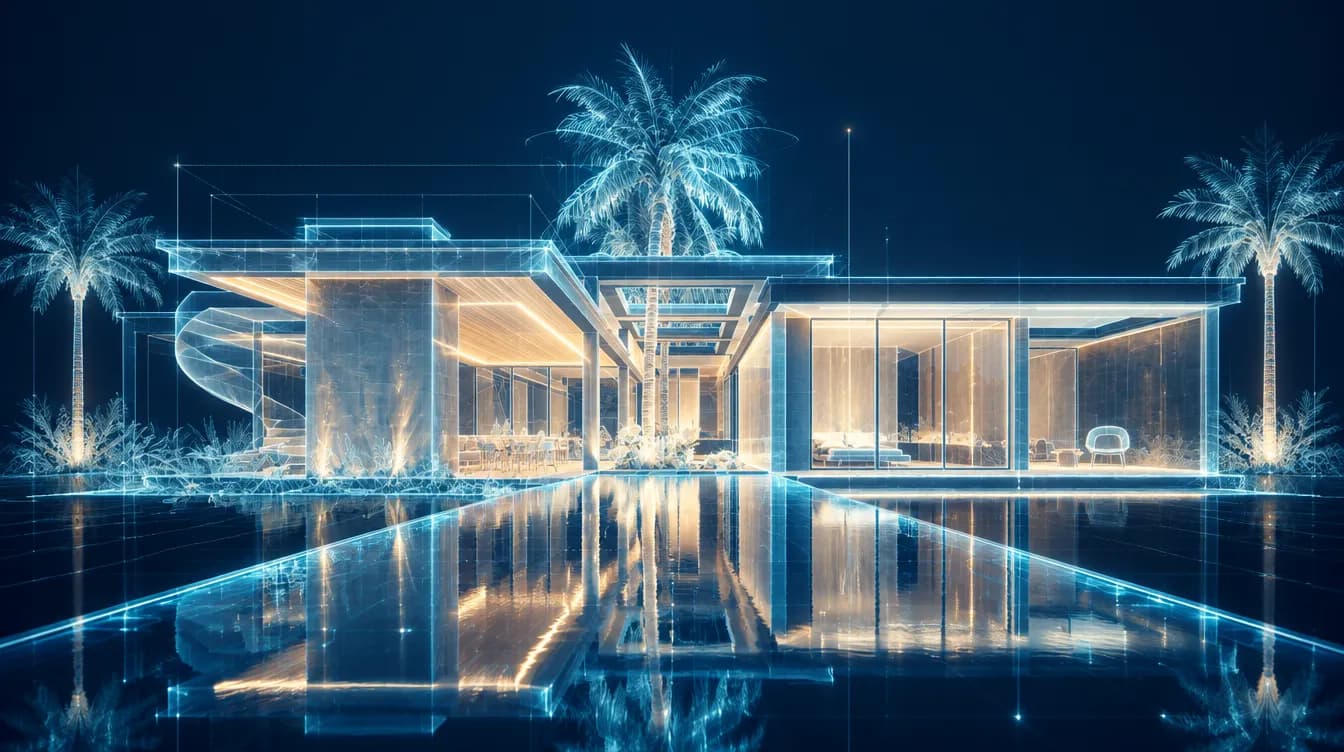 House Among Palms drawn in lines of light over a reflecting pool