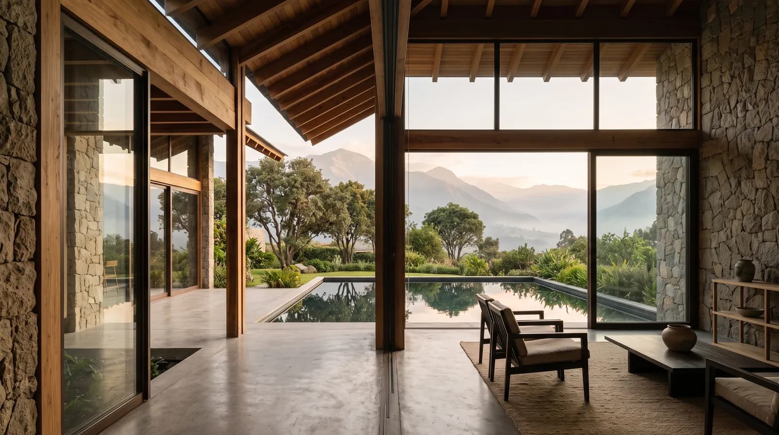 Casa contemporánea con arquitectura japonesa: cubiertas profundas de madera, grandes ventanales de vidrio, espejo de agua, piedra y hormigón visto, luz dorada del atardecer,…
