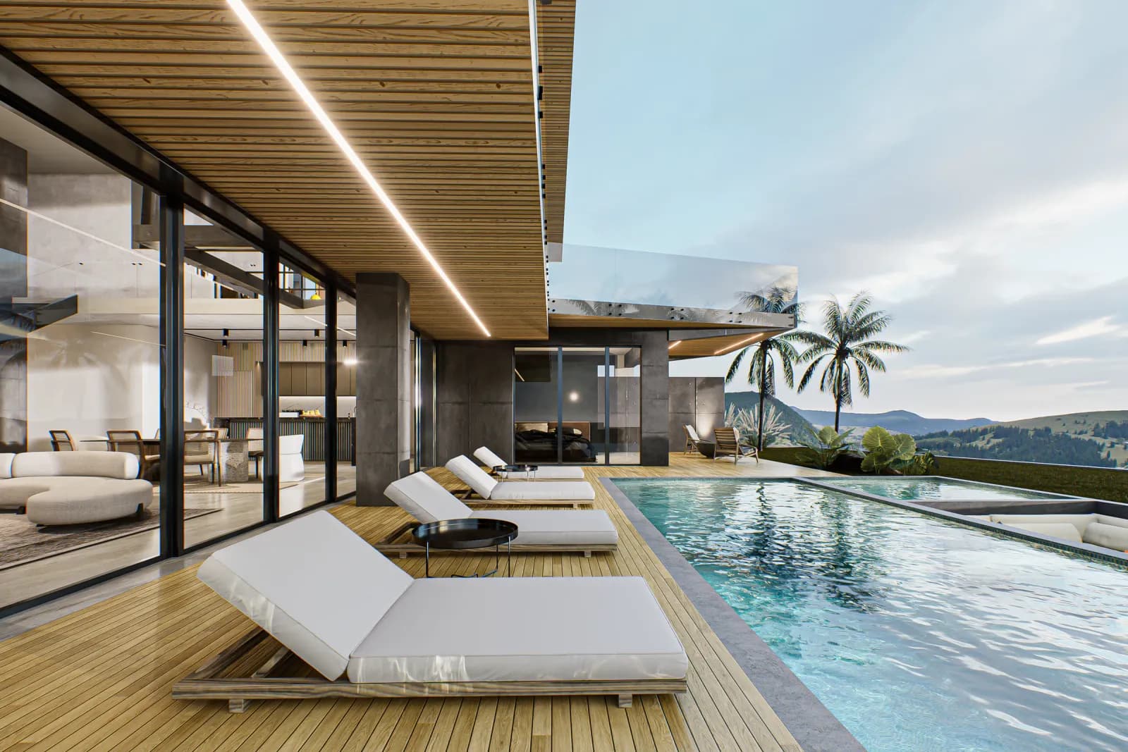 Piscina de Water Front House que corre junto a la terraza y refleja el cielo, con camastros de madera y la sala abierta al agua